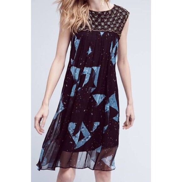 Anthropologie Moulinette Soeurs Lydia Black Beaded Floral Swing Dress 2P Boho - Picture 1 of 11